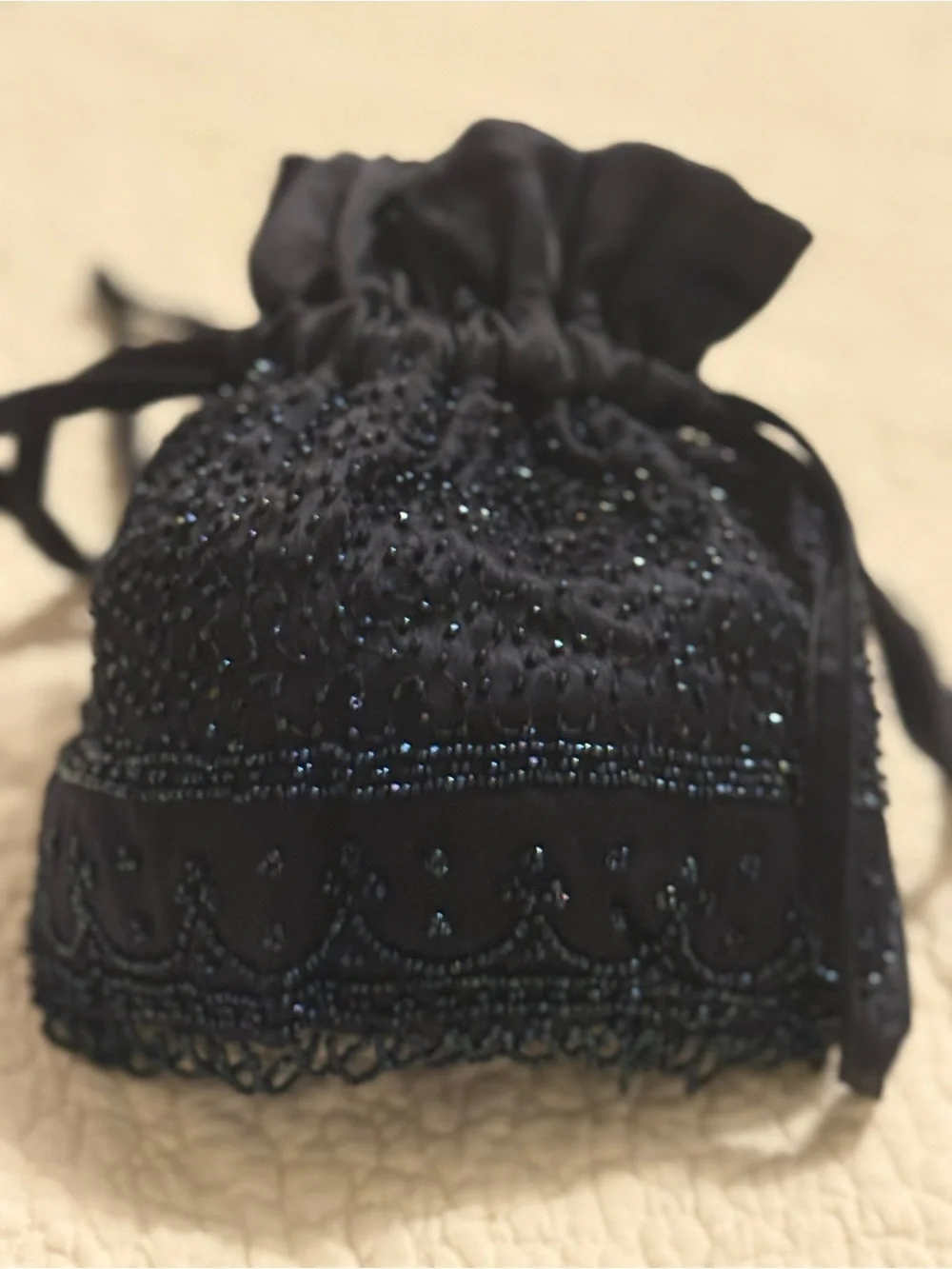 Black Drawstring Evening Pouch with sparkling black beading, Unbranded. 8” X 7”